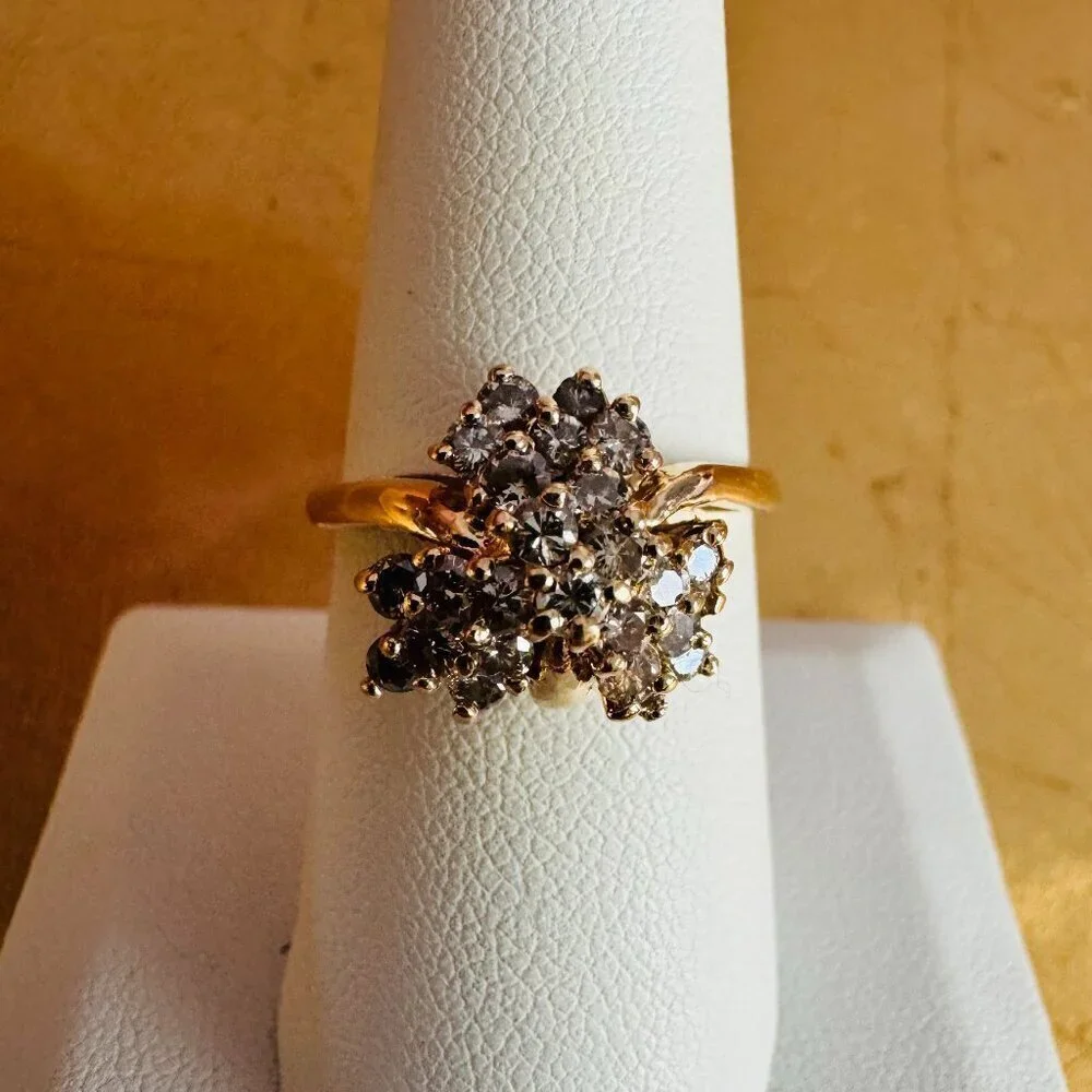 Vintage 14K Yellow Gold Floral Cluster Diamond Ring Statement Cocktail size 8